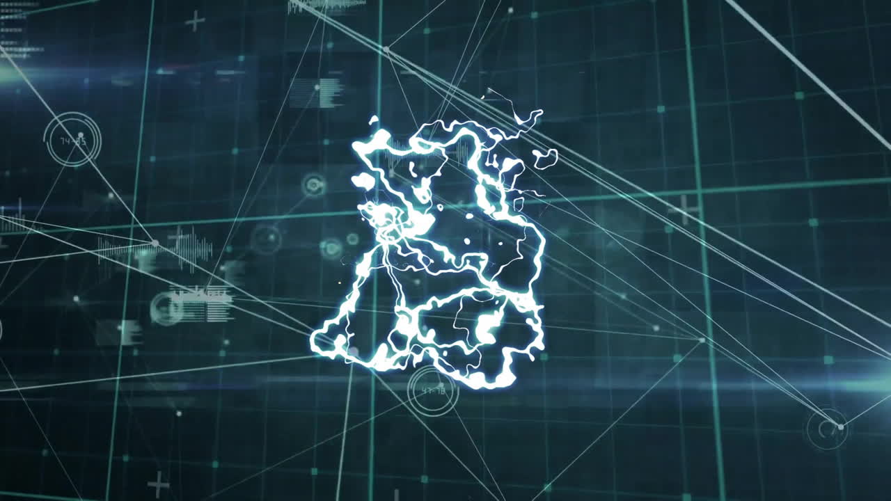 Animation of network of connections and data processing over dark background