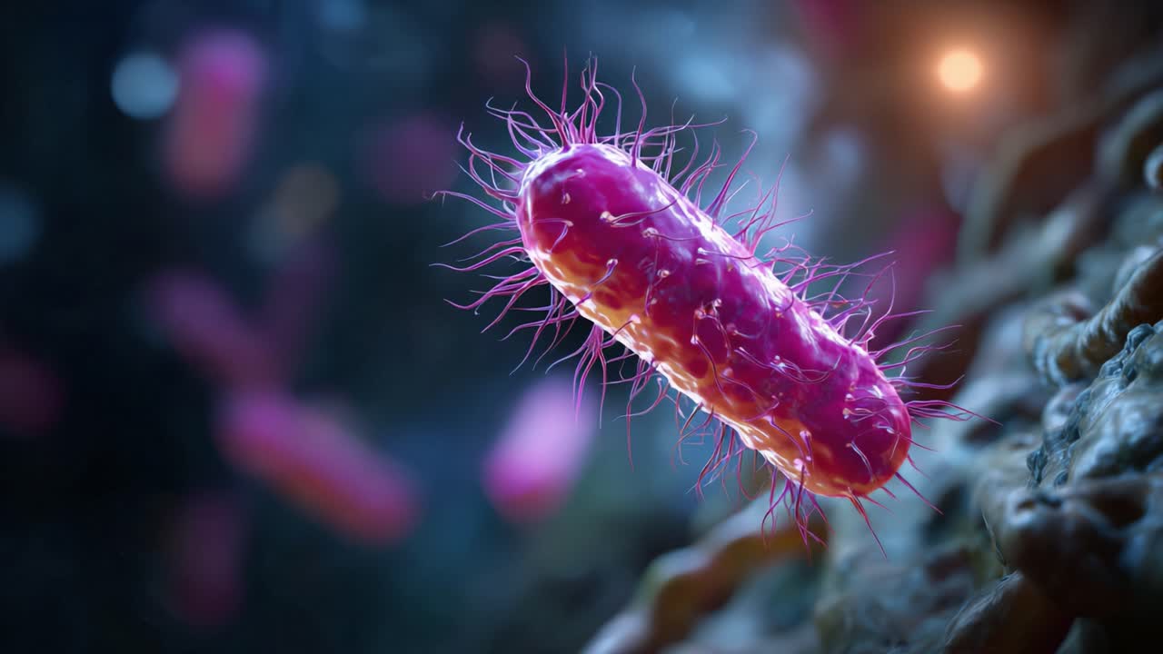 Microscopic View of a Vibrant Bacteria Cell with Filamentous Structures on Its Surface Displayed in Stunning Detail Under a Dark-Illuminated Background