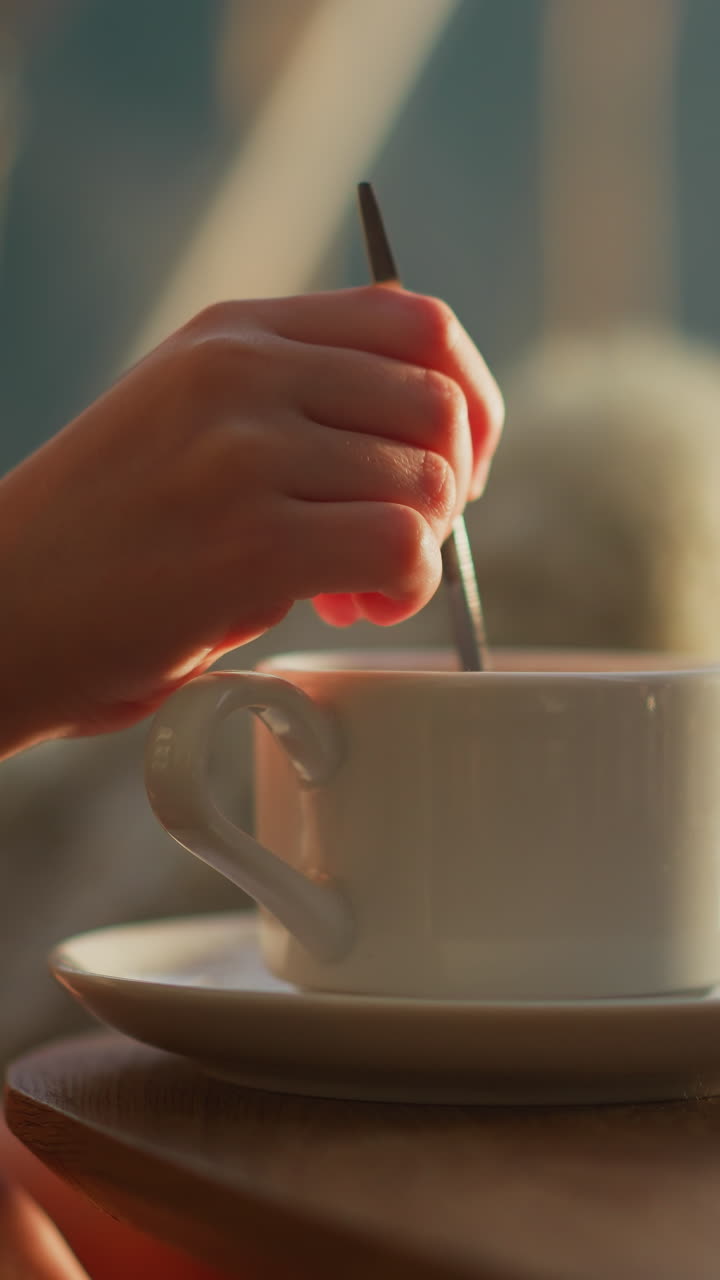 Kid hand stirs sugar in drink with spoon at table. Child enjoys sweet beverage at peaceful moment before day begins closeup. Tranquil morning