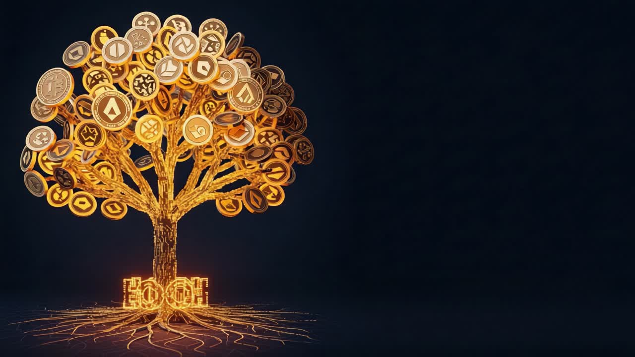 A Symbolic Representation of a Financial Tree Made with Cryptocurrency Coins, Showcasing Growth, Investment, and Digital Wealth in a Stunning Visual Display