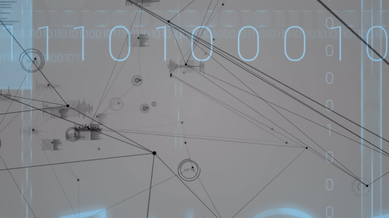 animación de la red de conexiones con estadísticas en codificación binaria en fondo gris