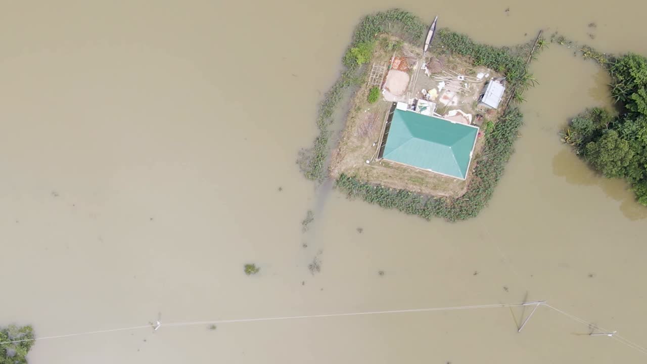 Flood area. Rural village flooded. Homes submerged in Flood water