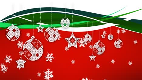 Animation-of-snow-falling-over-christmas-decorations-on-red-background