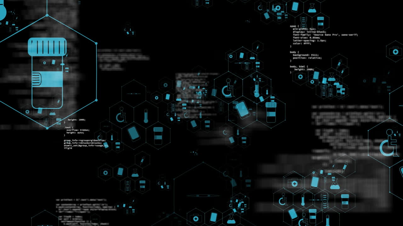 Animation of medical icons and data processing on black background