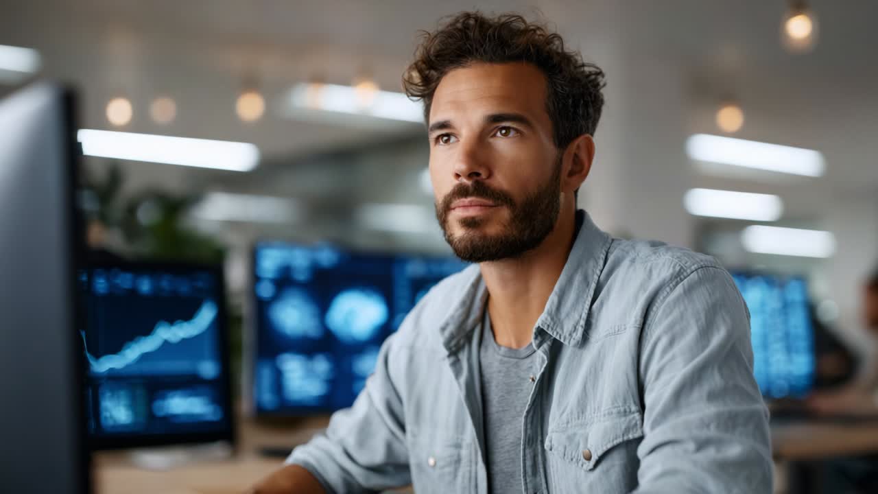 Focused individual analyzing data on multiple computer screens, reflecting deep concentration and engagement in a digital workspace, showcasing modern technology and data-driven decision making