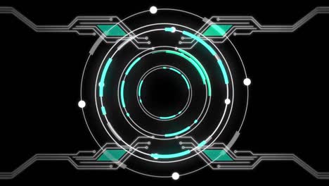 animación de escaneo de alcance y elementos de la placa de circuitos de computadora sobre un fondo negro
