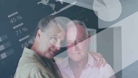 animación del procesamiento de datos estadísticos sobre una pareja de ancianos caucásicos abrazándose en casa.