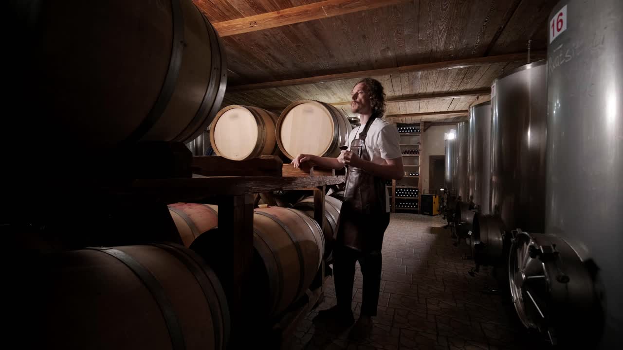 la toma auténtica de un sommelier masculino exitoso es degustar un sabor y comprobar la calidad del vino blanco vertido en vidrio transparente en una bodega de vino.