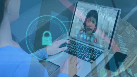 animación de un candado de seguridad en línea sobre una mujer de negocios caucásica en una videollamada por computadora portátil