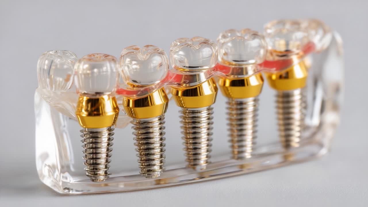 A detailed close-up view showcasing a collection of dental implants that illustrate advanced dental technology with golden and transparent components for modern oral healthcare