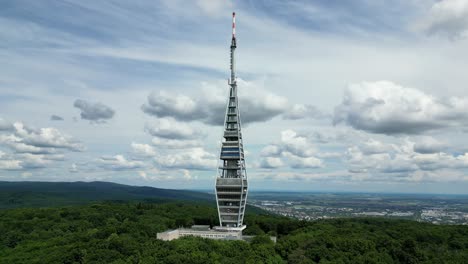 kamzik tv tower at bratislava forest park in koliba, bratislava, slovakia. - aerial shot