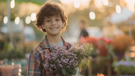 boy with flowers at a flower shop