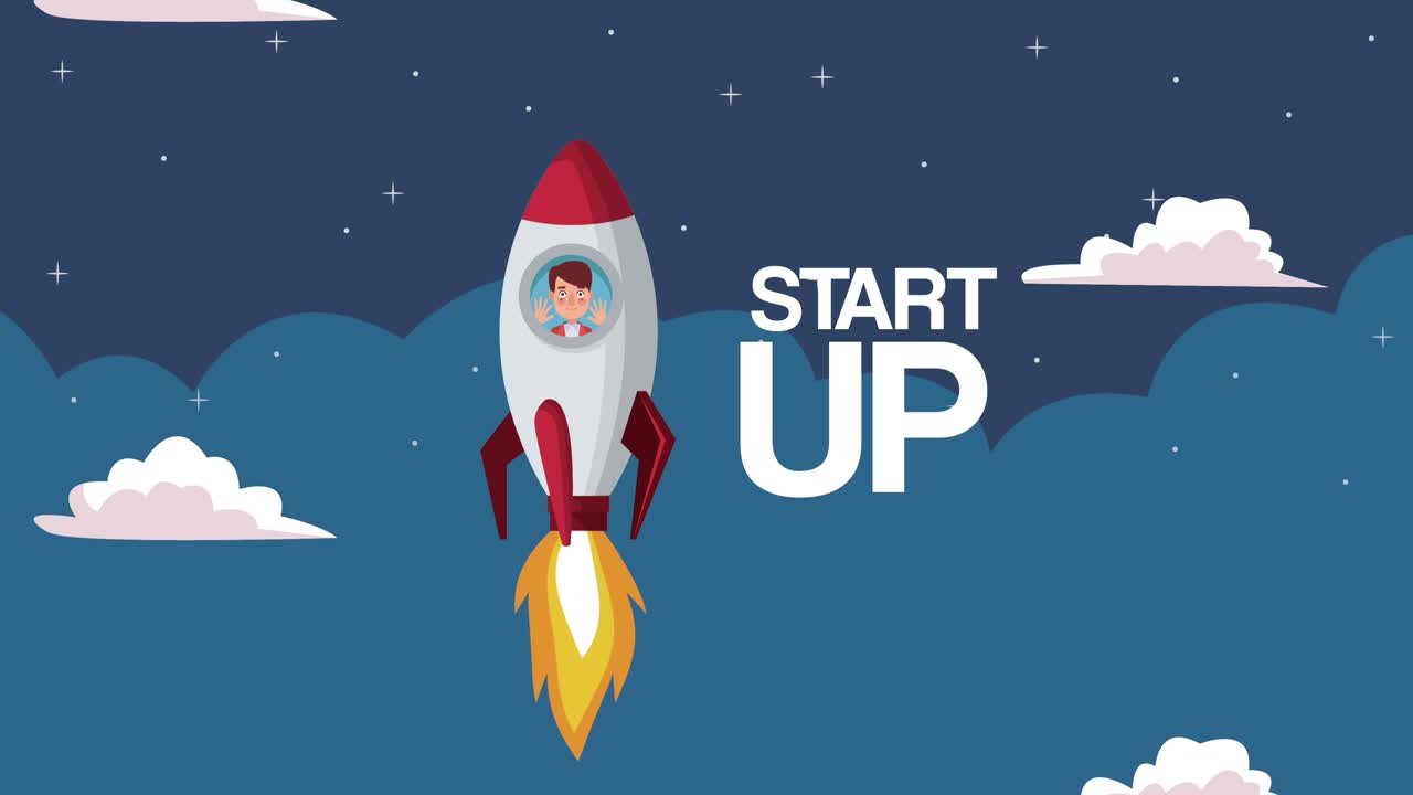 elegante hombre de negocios exitoso dentro de un cohete en el cielo