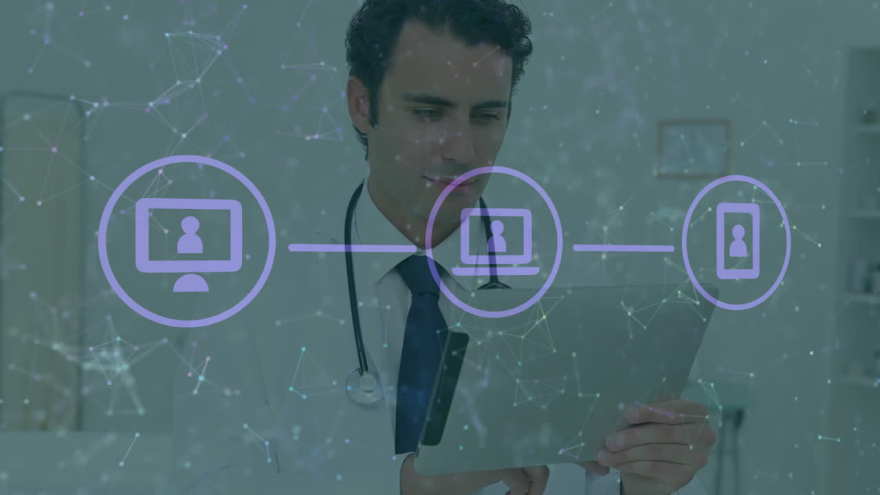 animación de una red de conexiones con iconos sobre un médico caucásico usando una tableta