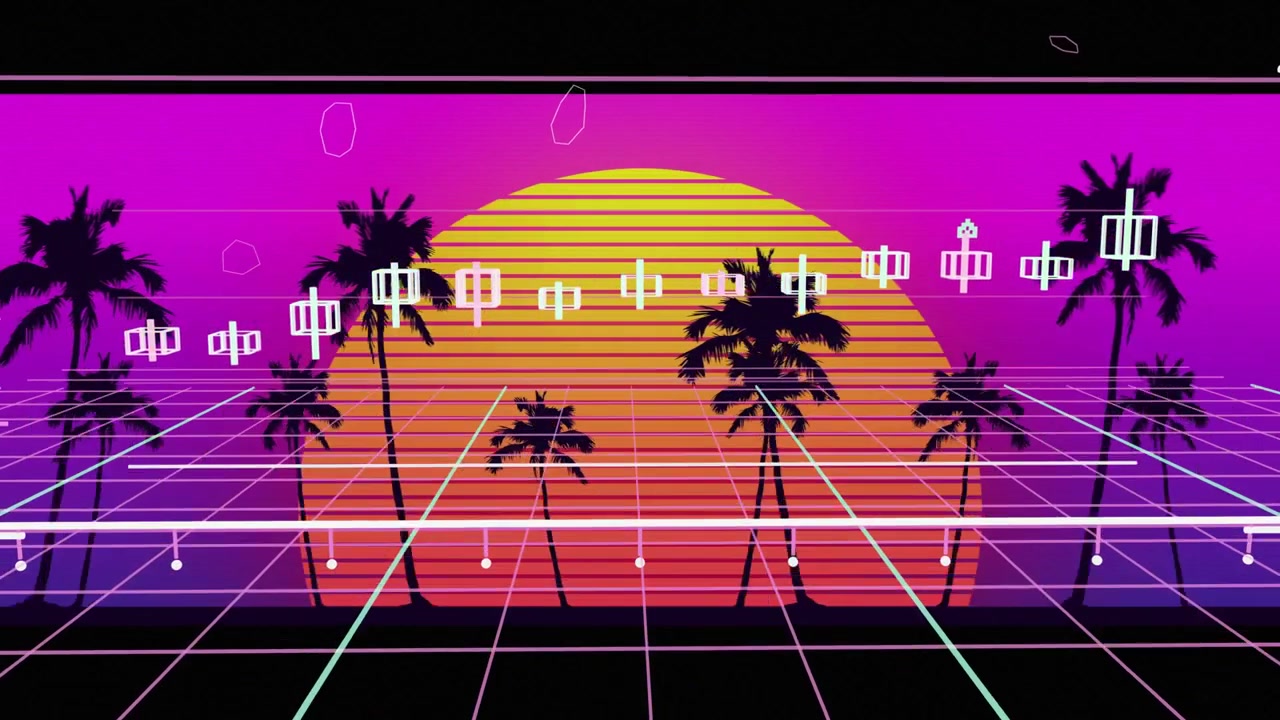 Sole a strisce che emette linee di scansione, che guida una griglia 3D che si estende e glifi HUD che formano una scena synthwave