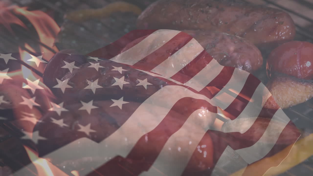 анимация флага америки, размахивающего мясом и овощами, готовящимися на гриле.