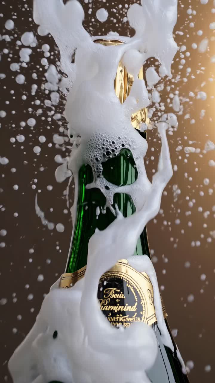 Close-up, low-angle shot of a champagne bottle against a warm background, ideal for celebratory