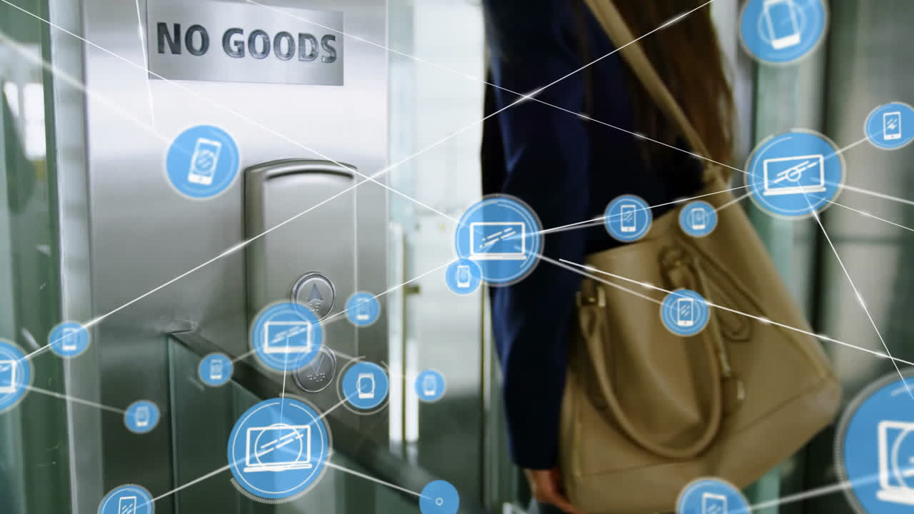 Network of connected devices animation over person entering building