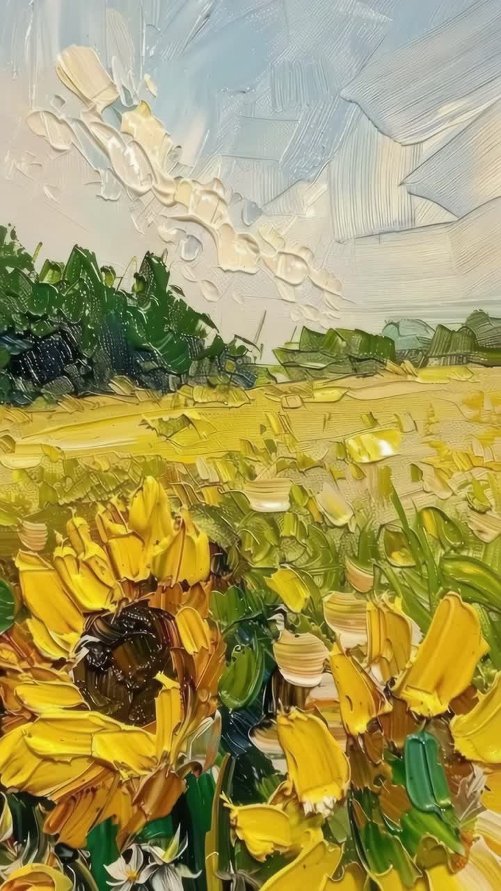 Impressionist-style video frame of sunflowers in a field, captured from a low angle