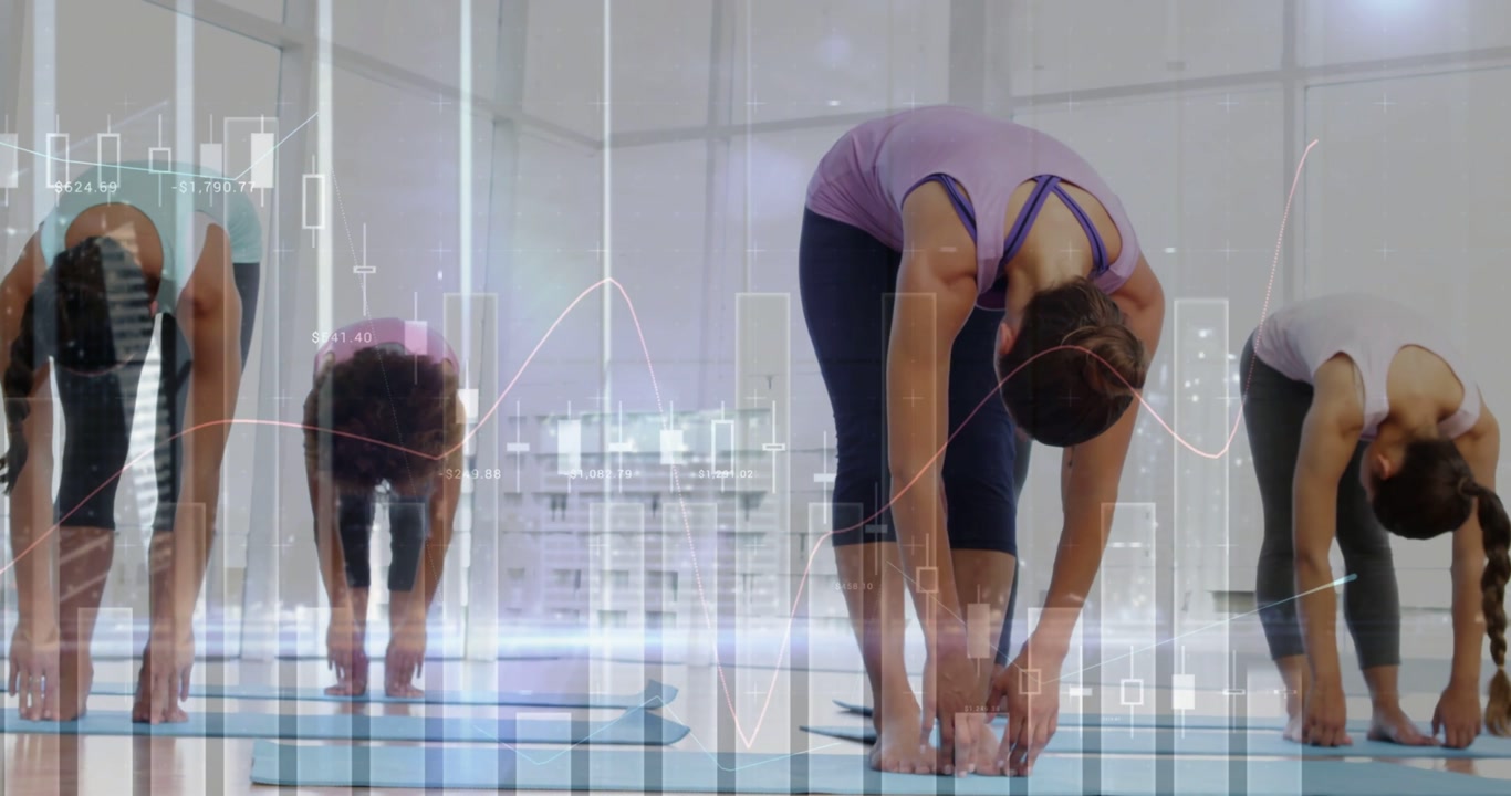 Five women on instructor cue bending into forward fold for fitness, financial charts overlaying
