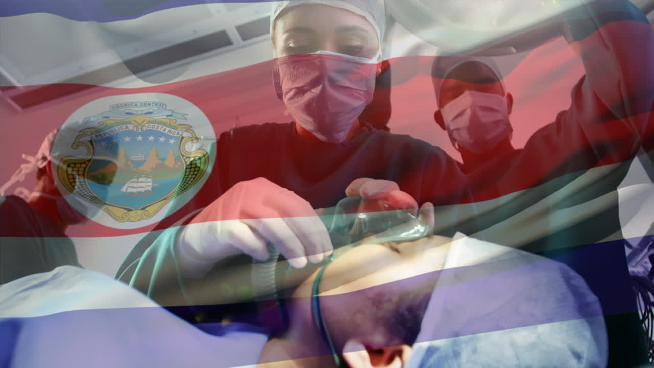 수술실 에 있는 외과 의사 들 위 에 흔들리는 코스타리카 의  ⁇ 발 의 애니메이션