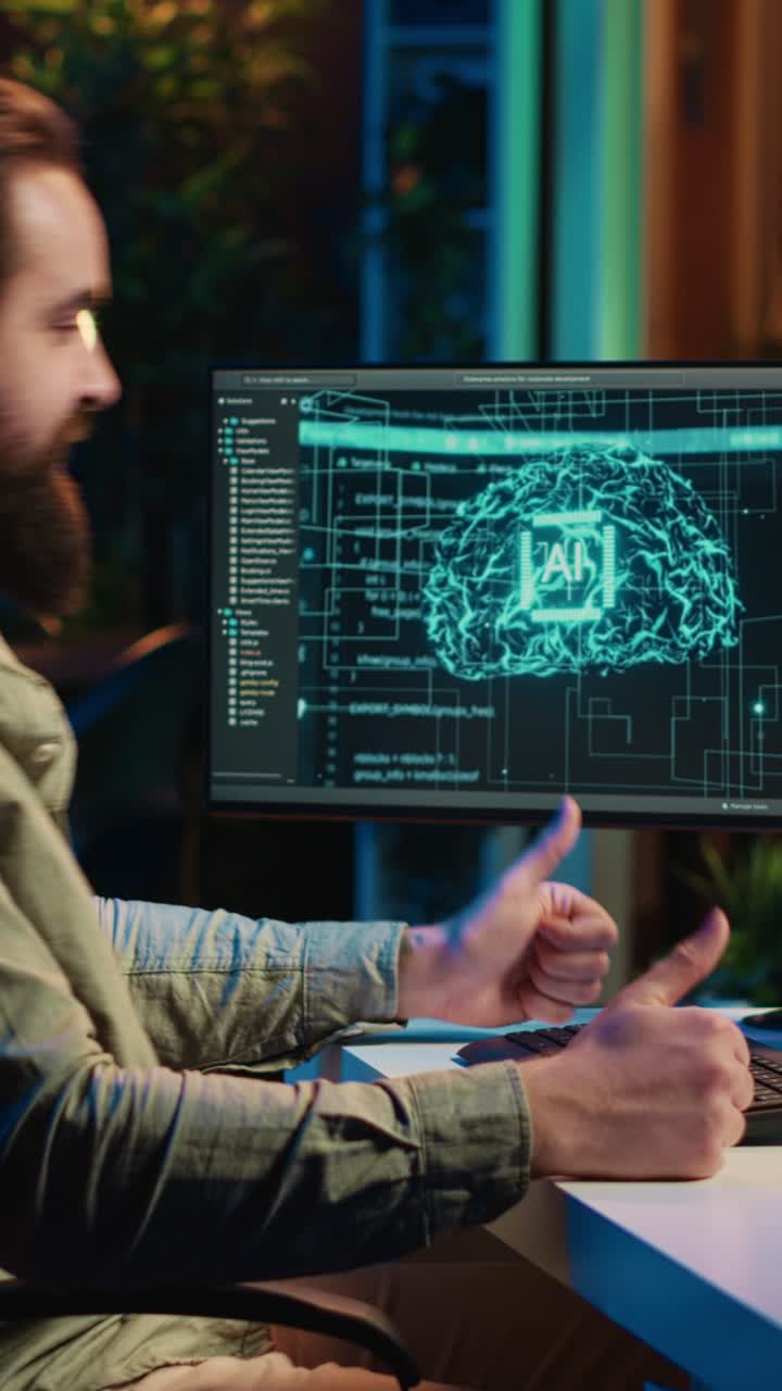 Man Working on Computer with AI Brain Graphic at Night