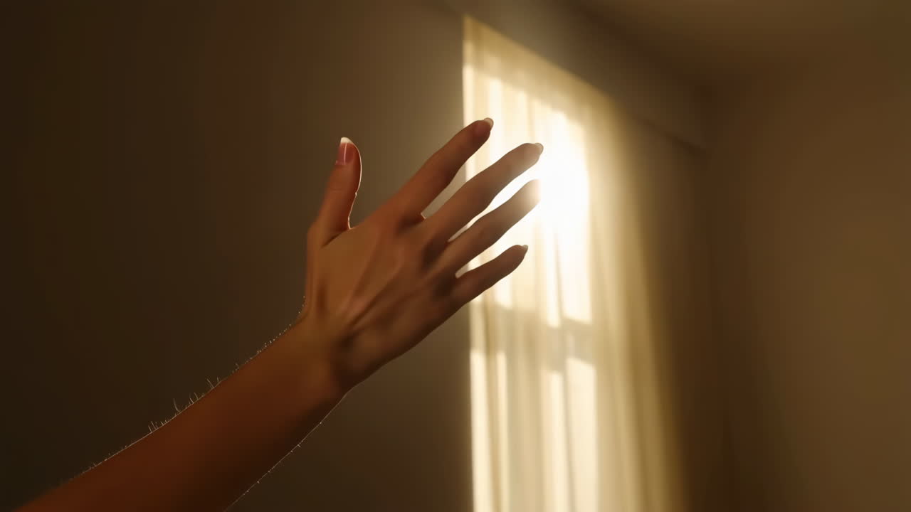 Hand reaching towards sunlight through a window