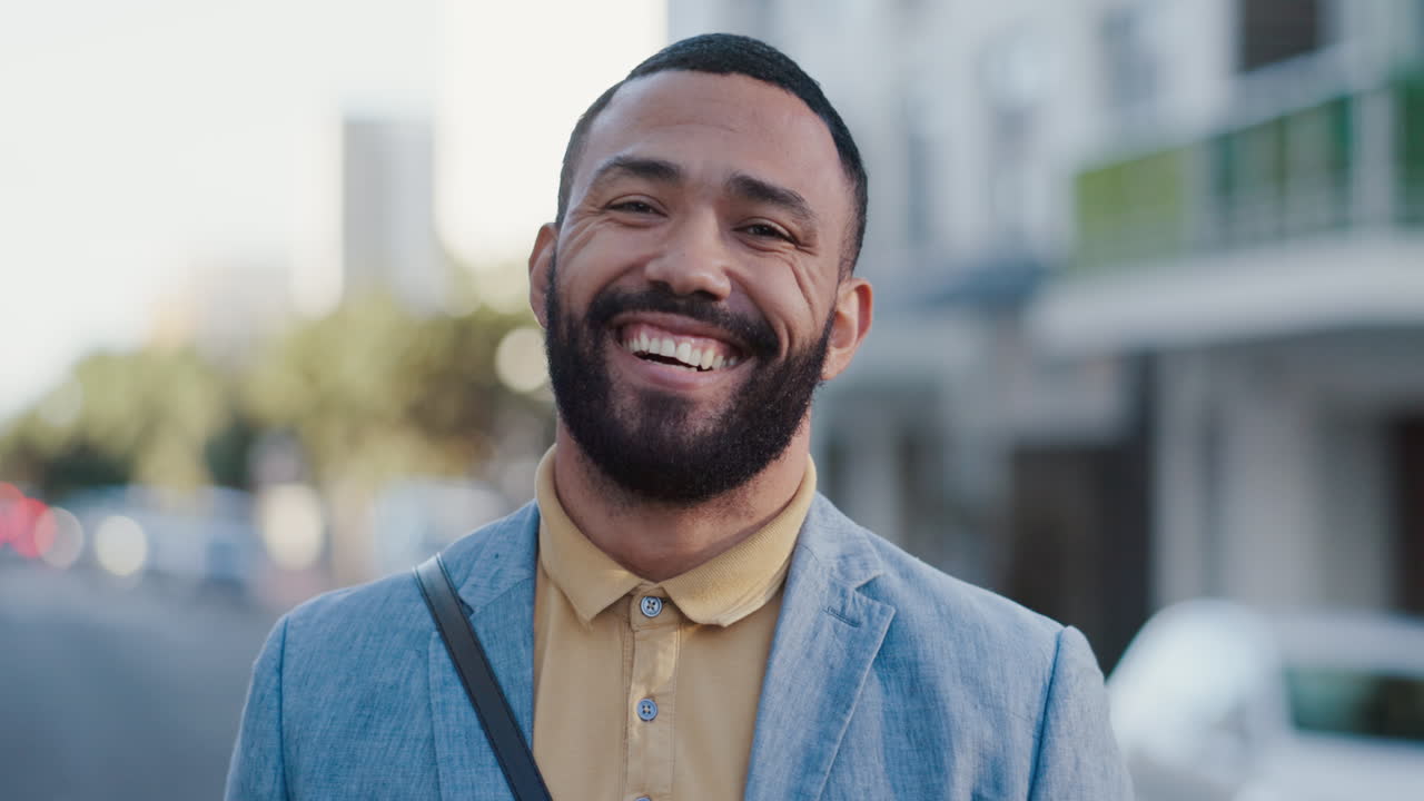 Happy, business and face with man in city