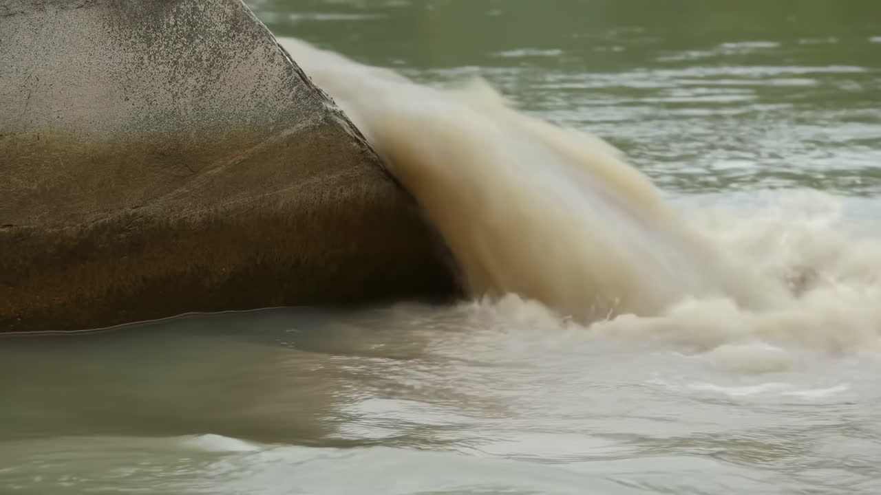 Acqua torbida che si riversa da uno scarico in cemento nel fiume verde, con un intenso flusso di sedimenti e schiuma vorticosa, visibile.