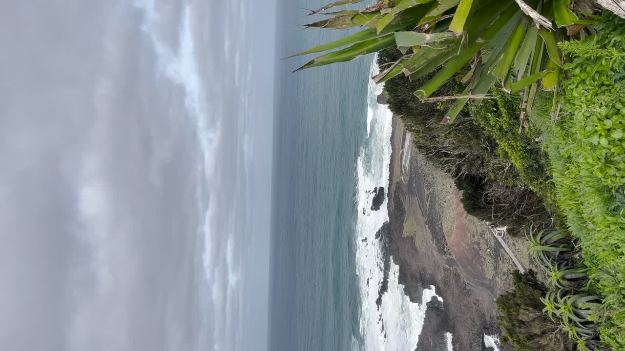 Una costa con onde che si infrangono contro le rocce, che suggerisce un ambiente marino aspro e naturale