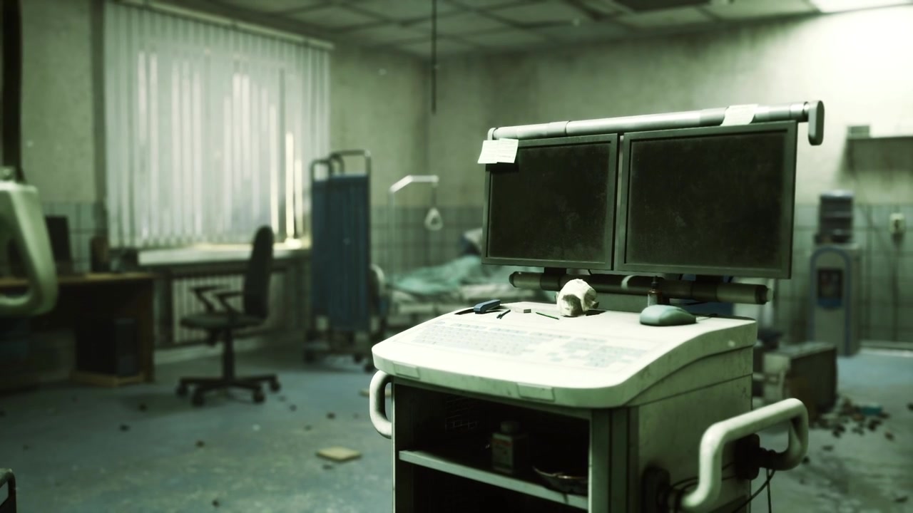 Derelict health monitoring site featuring dusty instruments and broken parts