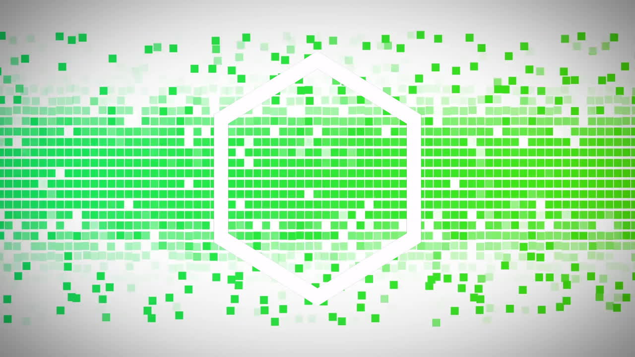 Animation of green pixelated pattern forming hexagon shape on white background