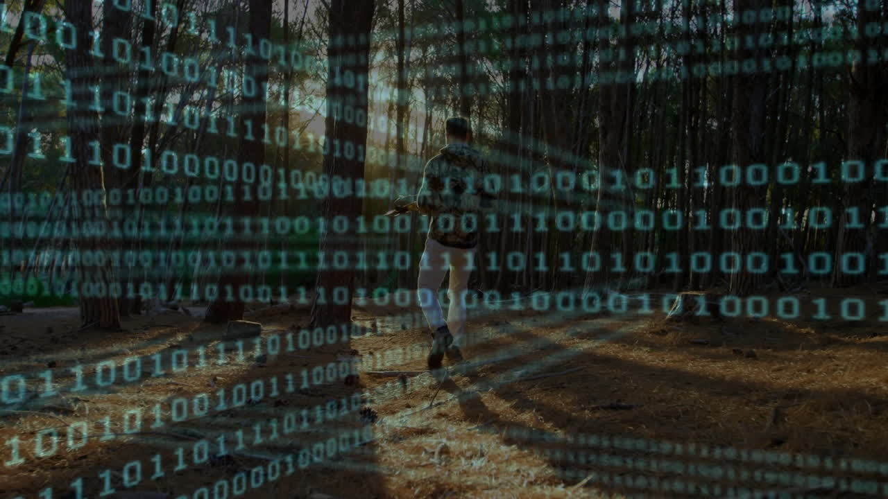 Man holding phone exploring sunlit pine forest, with floating binary code showcasing technology