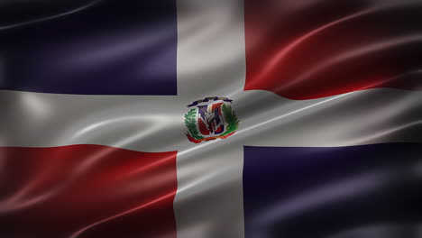 the flag of dominican republic, full frame front view, with a cinematic look and feel, elegant silky texture waving in the wind