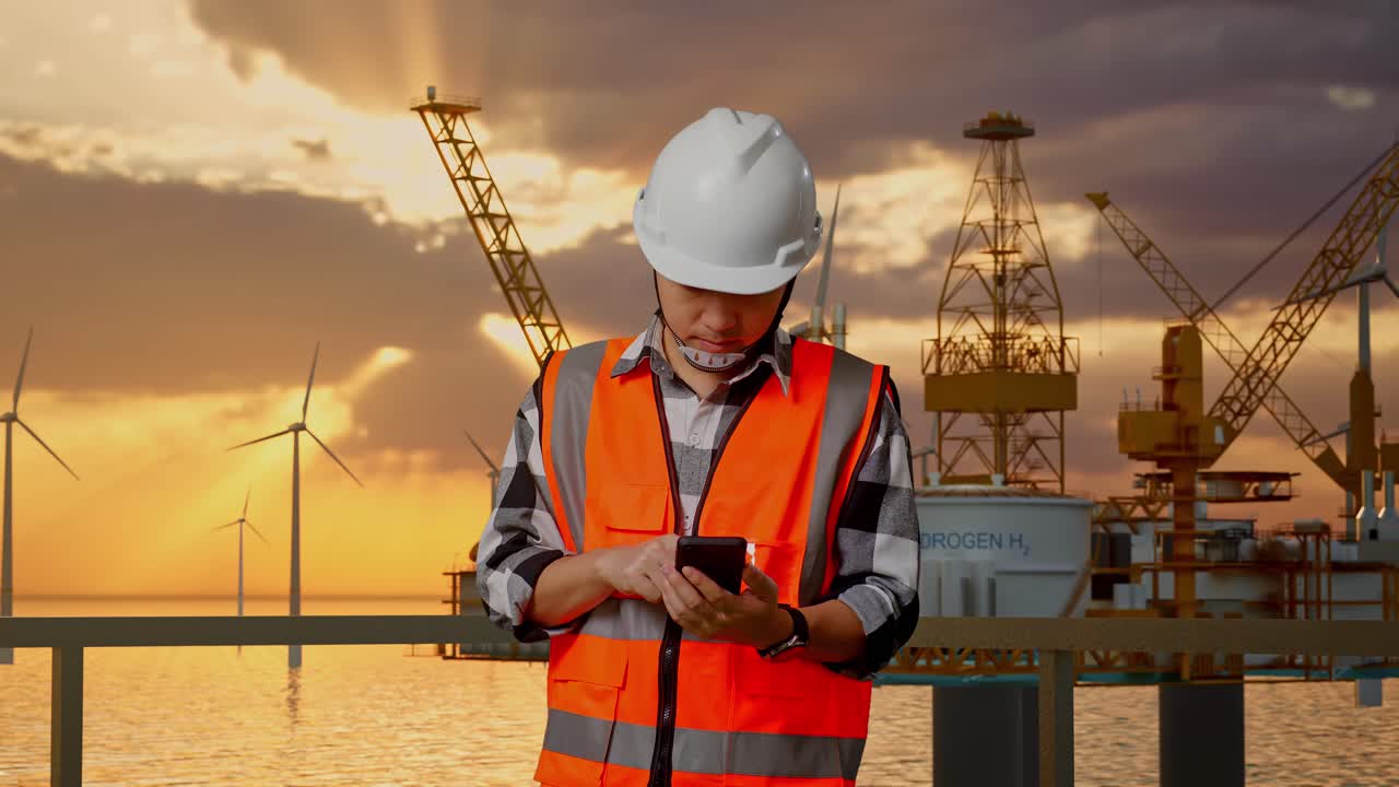 Asian Male Engineer With Safety Helmet Using Smartphone While Standing With Offshore Hydrogen Production