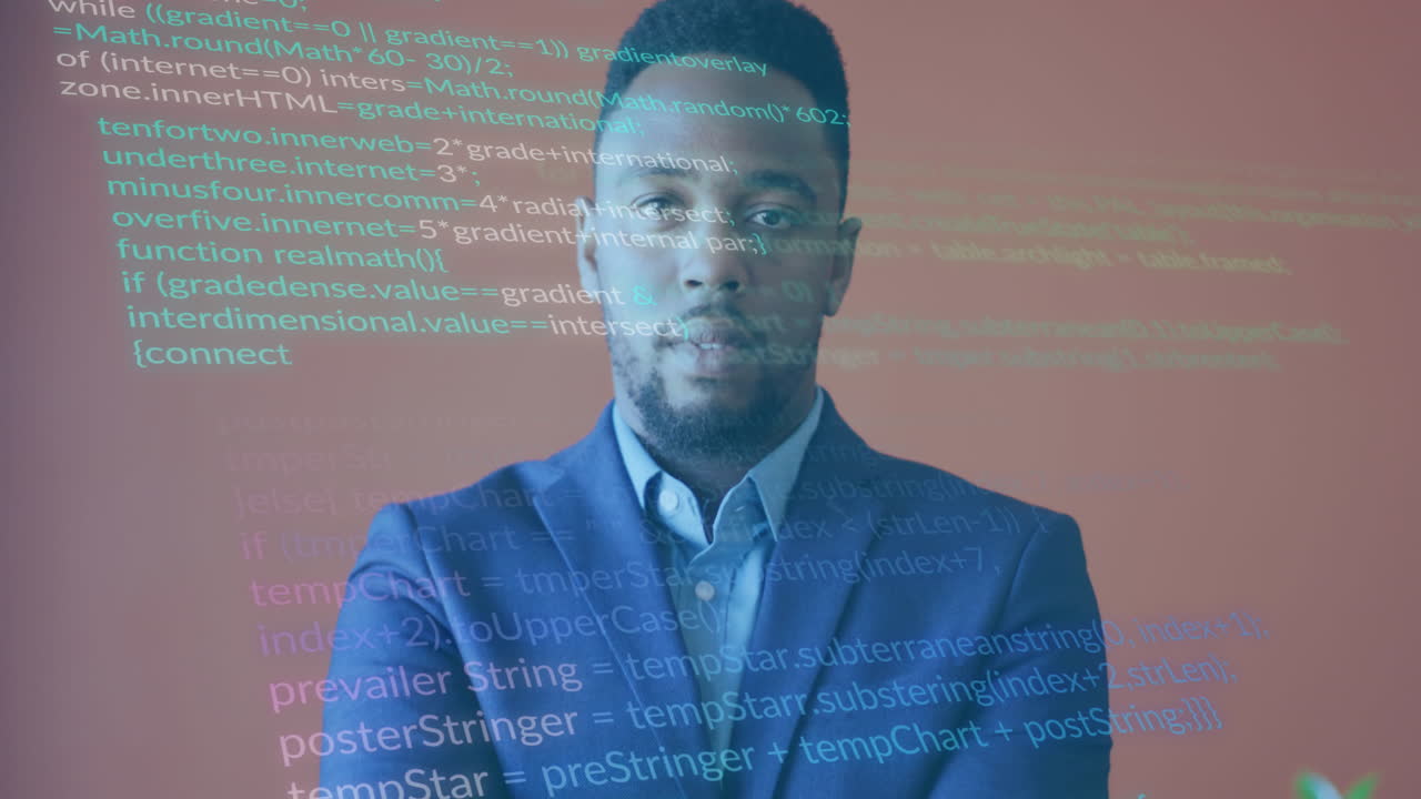 Animation of data processing over biracial businessman