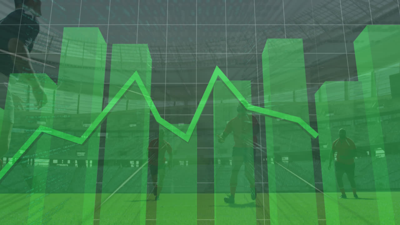 animación de gráficos verdes sobre un equipo de diversos jugadores de rugby masculinos jugando rugby en un campo deportivo