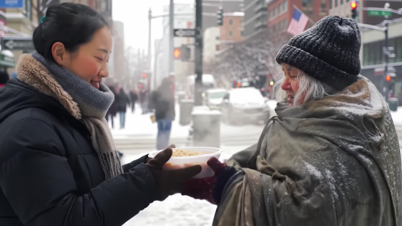 A woman hands a bowl of warm food to an elderly person wrapped in a blanket on a snowy street. The cold weather highlights their compassion amidst the city hustle.