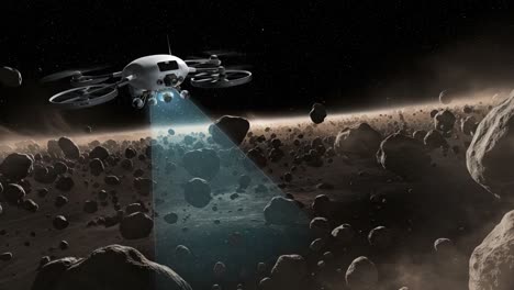 exploring asteroids: a futuristic drone navigates through a dense asteroid field, utilizing advanced technology to illuminate and survey the cosmic landscape