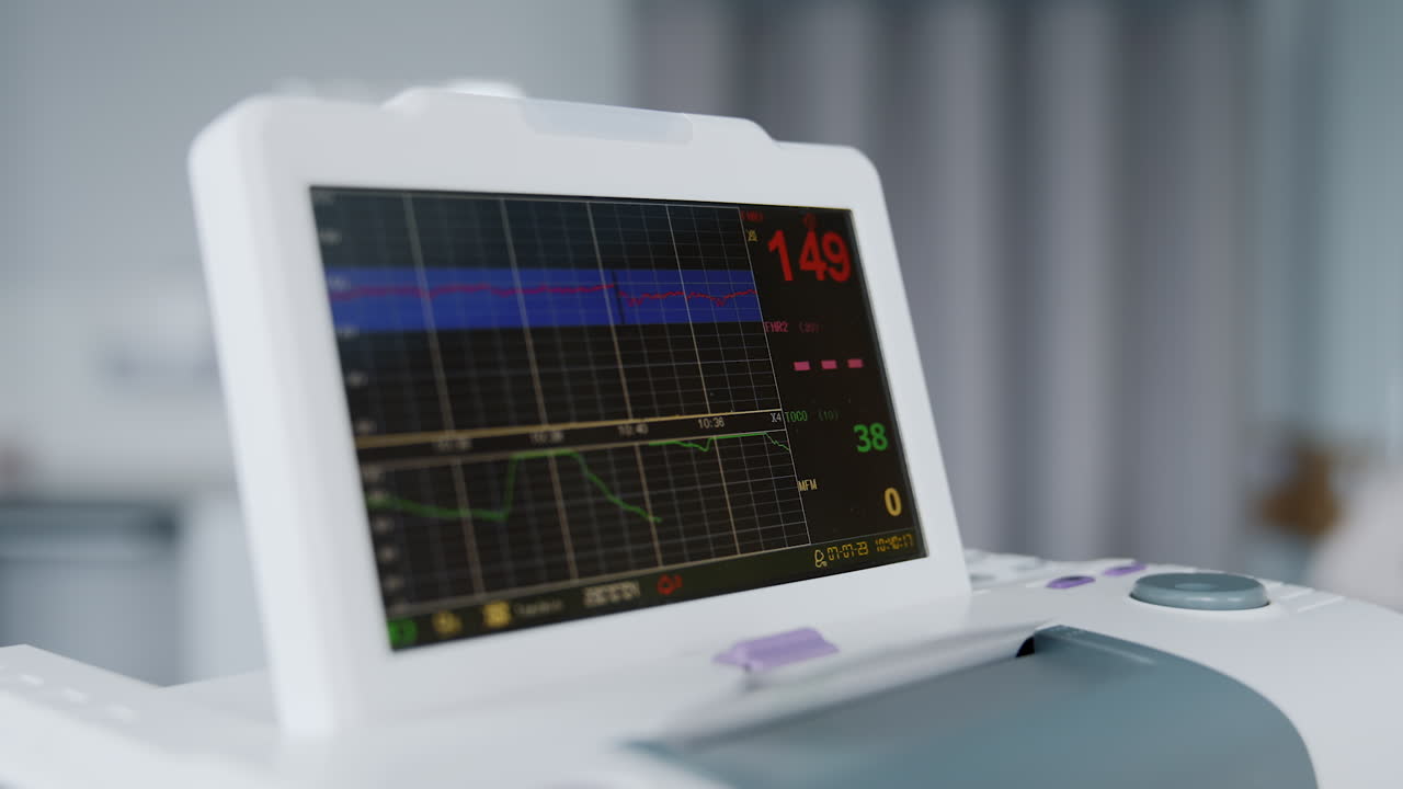 Little screen of a electrocardiographic equipment. Check up of fetal heartbeat of a pregnant woman. Close up.