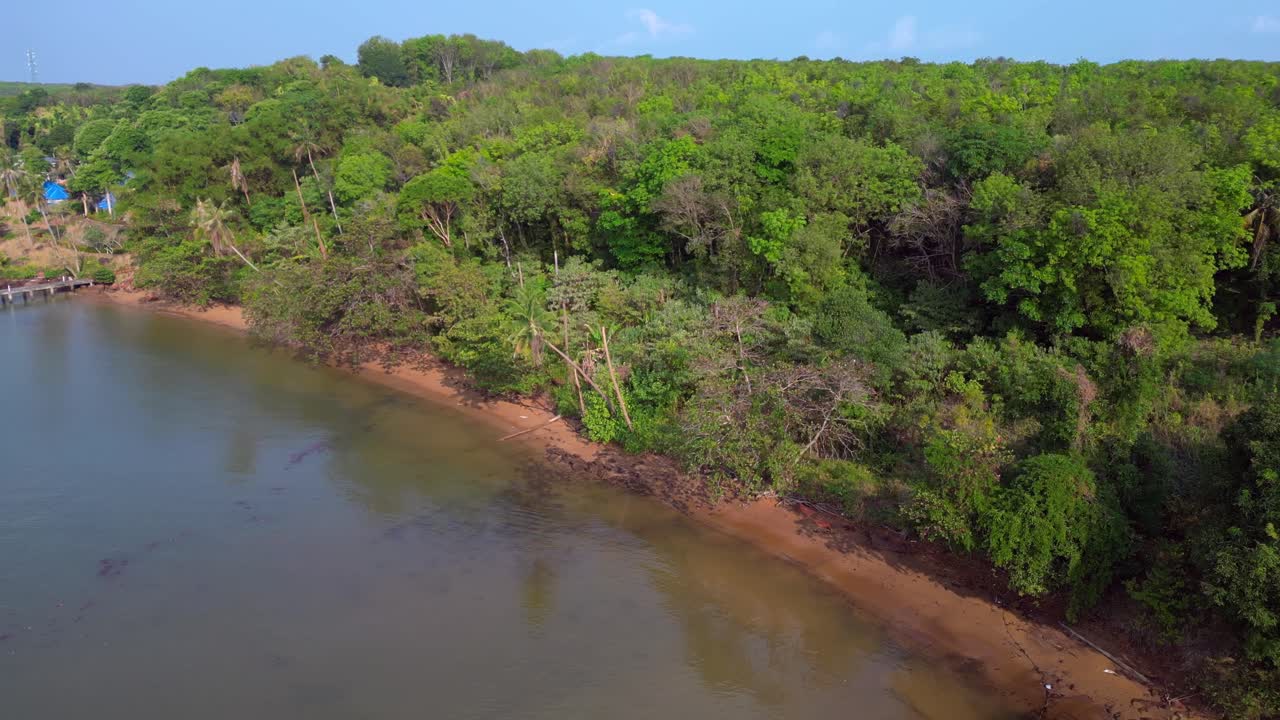Lush vegetation covering tropical island coast meeting calm ocean water and small sandy beach. Dramatic aerial view flight panorama orbit drone