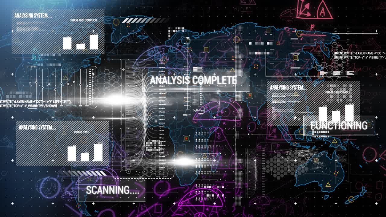 Animation of mathematical equations over interface with data processing against world map