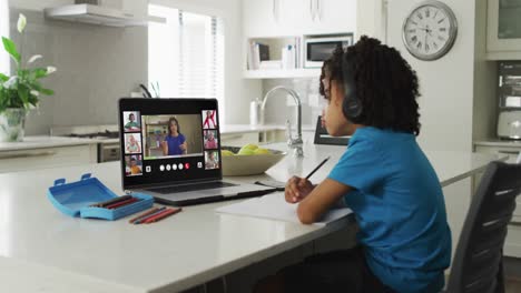 African-american-boy-using-laptop-for-video-call-with-female-teacher-and-class-on-screen