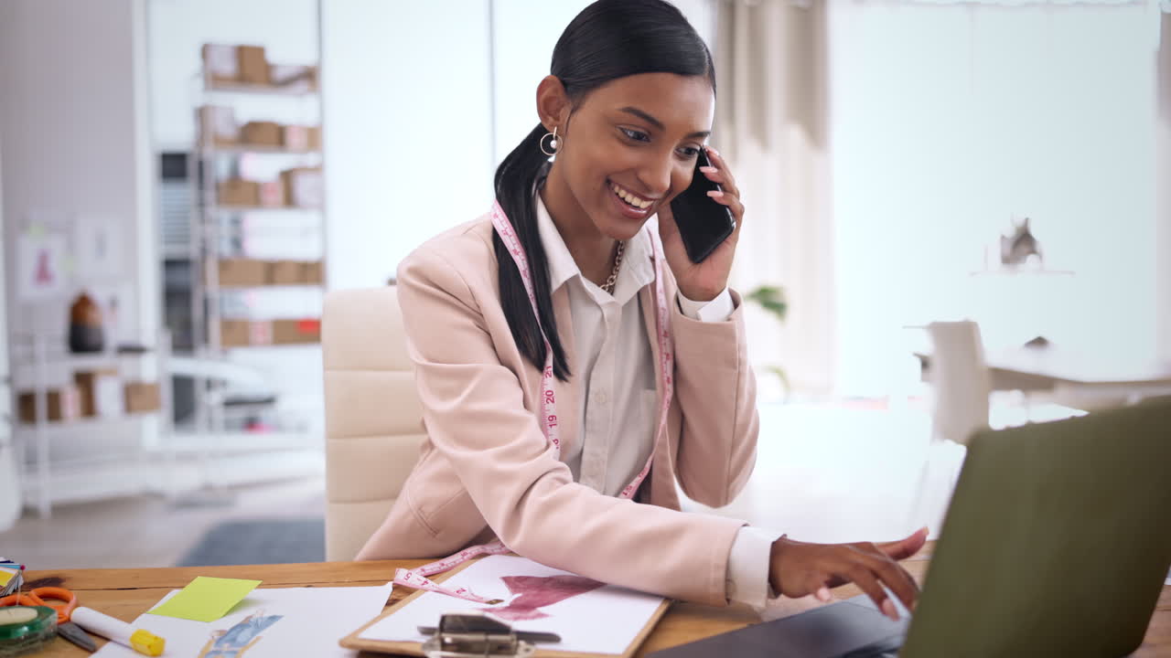 Phone call, fashion designer woman