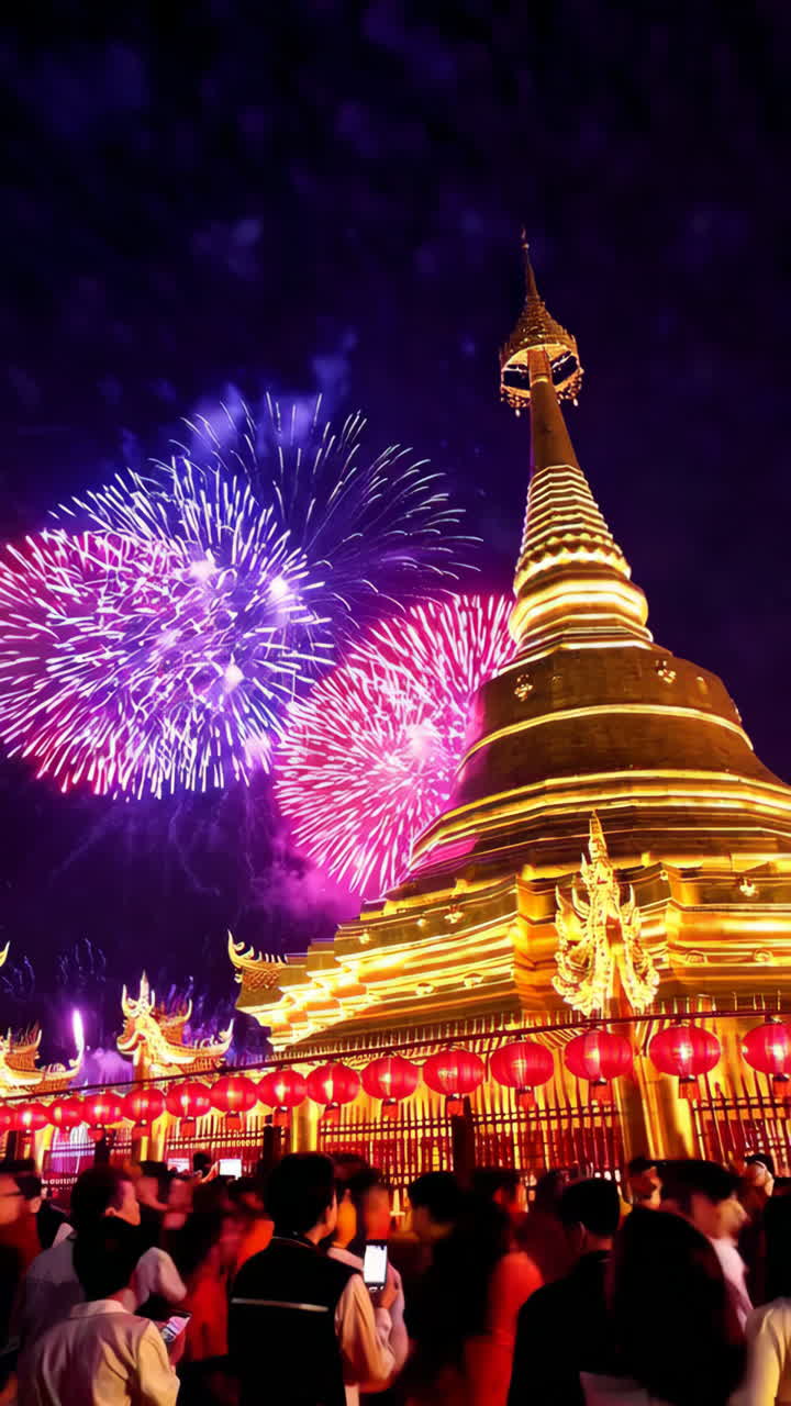 Temple Festival Celebration with Fireworks at Night