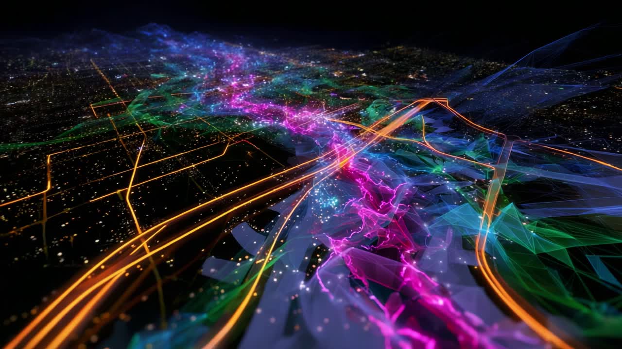 A Stunning Visual Representation of Electrifying Cityscapes at Night, Showcasing Colorful Light Trails, Dynamic Patterns, and a Vibrant Network of Energy Interwoven with Urban Elements and Natural Radiance