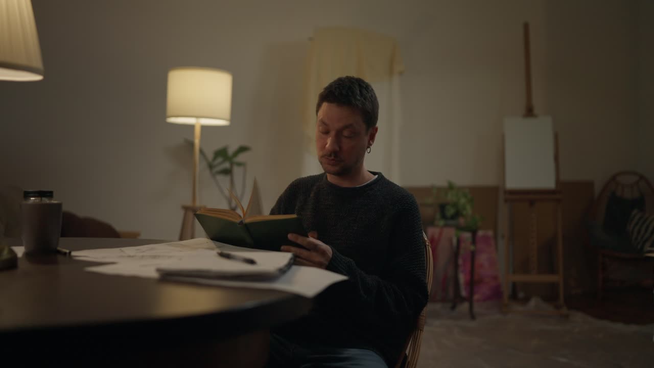 Man Reading Book in Home Studio