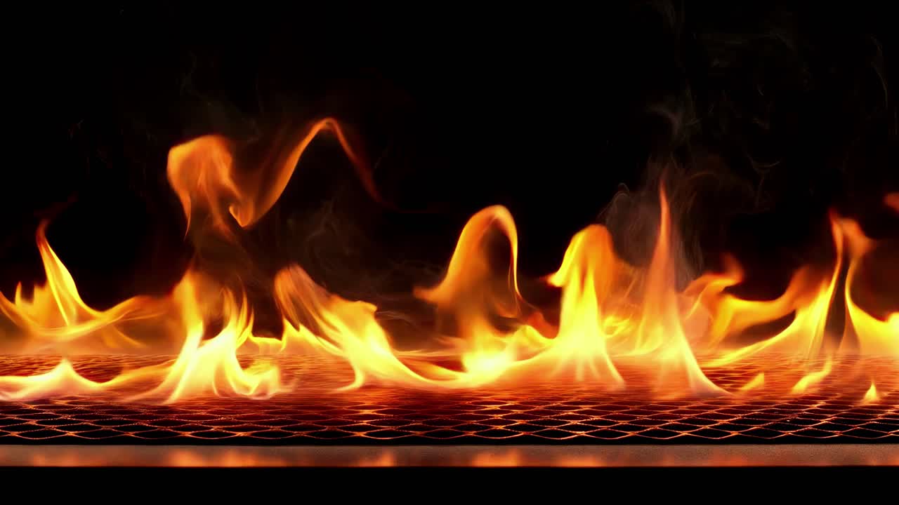 Dynamic video concept of flames rising from a grill, captured from a low angle