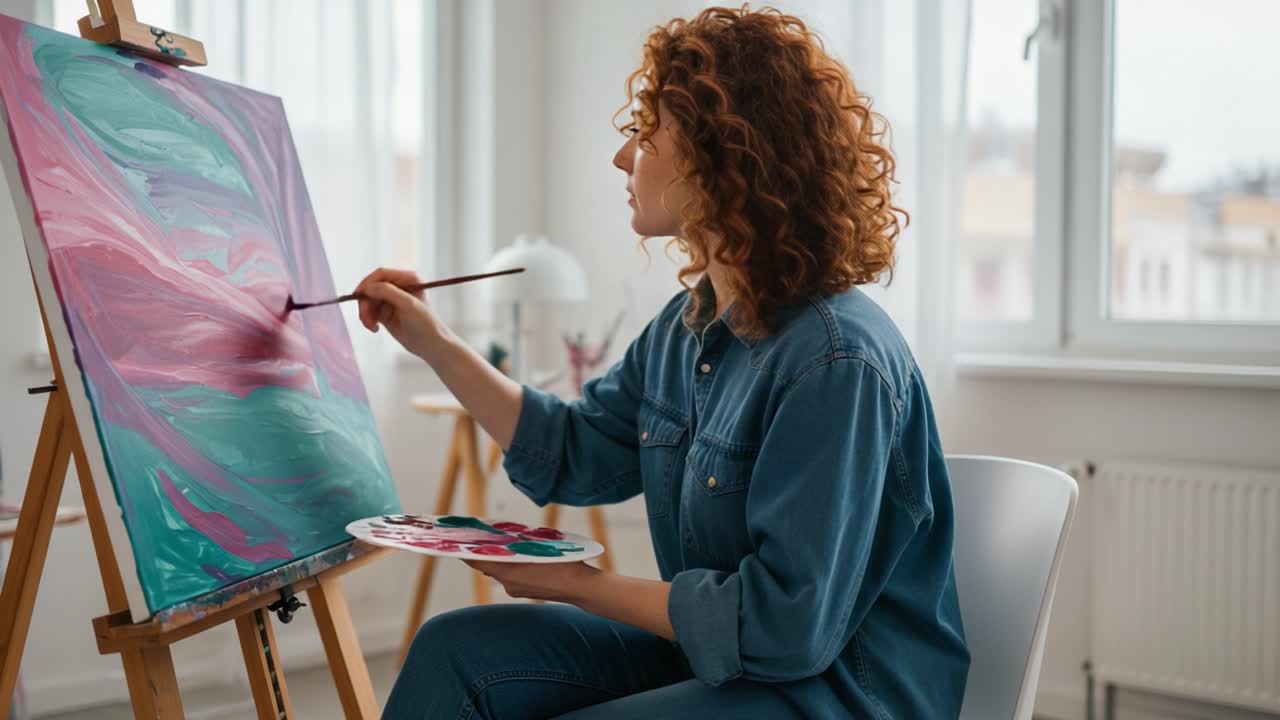 En kreativ kunstner fordybet i maleriprocessen, der fanger skønheden i farver og udtryk i et lyst og indbydende atelier