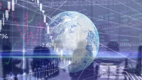 animation of financial and stock market data processing over globe against empty office